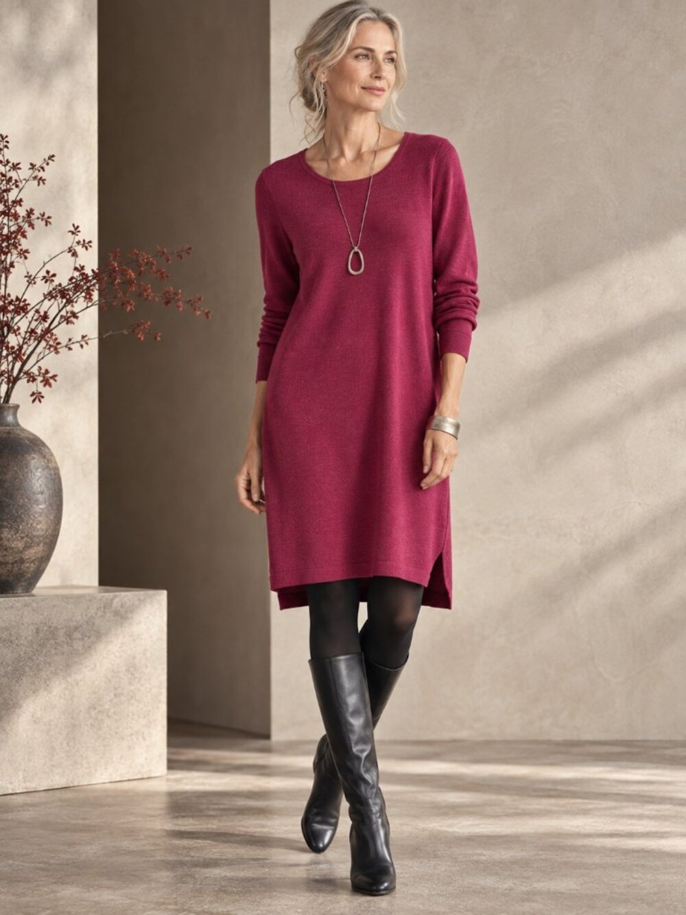 Eileen Fisher Merino Wool Sweater Dress Deep Rose Size M Long Sleeve Tunic